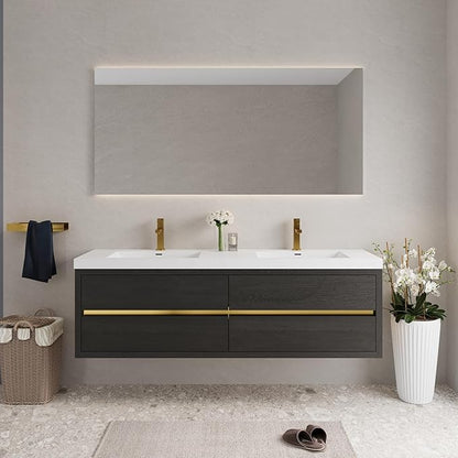72" Wall-Mounted Bathroom Vanity with 2 Sinks, Floating Storage Cabinet with Stone Resin Countertop, 4 Soft Close Drawers, Espresso Wood Finish, Pre-Assembled Base