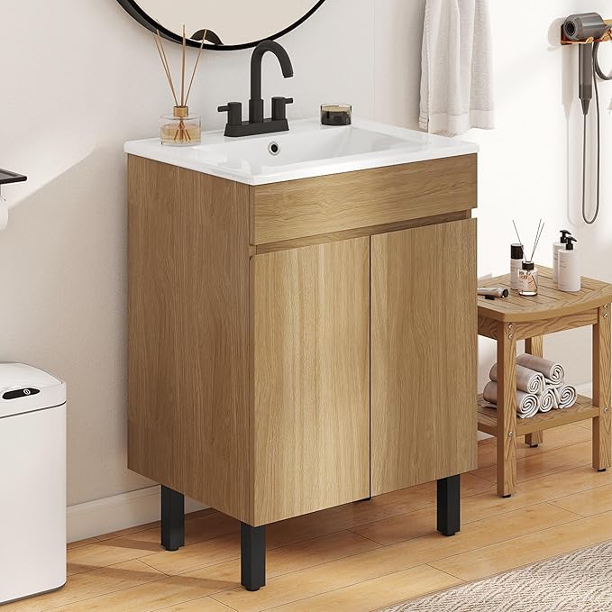 YITAHOME 24 Inch Bathroom Vanity with Sink, Bathroom Cabinet Vanity for Small Space, Freestanding Storage Bathroom Vanity with 2 Soft Closing Cabinets, Natural Brown