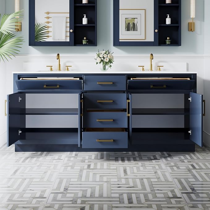 80-Inch Bathroom Vanity with Double Sinks W/ 4 Doors & 4 Drawers & 2 Flip Drawers, Navy Blue Vanity W/Brushed Gold Handles