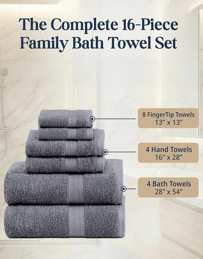 LANE LINEN Towel Set for Bathroom 16 Piece Soft Absorbent - Cool Grey | Towels And Washcloths Sets - Oversized & Roomy, Lightweight & Breathable, Fade-Resistant Color, Classic Terry Weave
