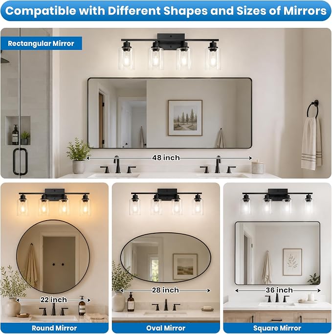 Ascher 4 Light Bathroom Light Fixture, Matte Black Bathroom Lighting Fixtures Over Mirror, Vanity Light with Clear Glass Shade, Wall Sconce for Living Room Bedroom Cabinet, E26 Base