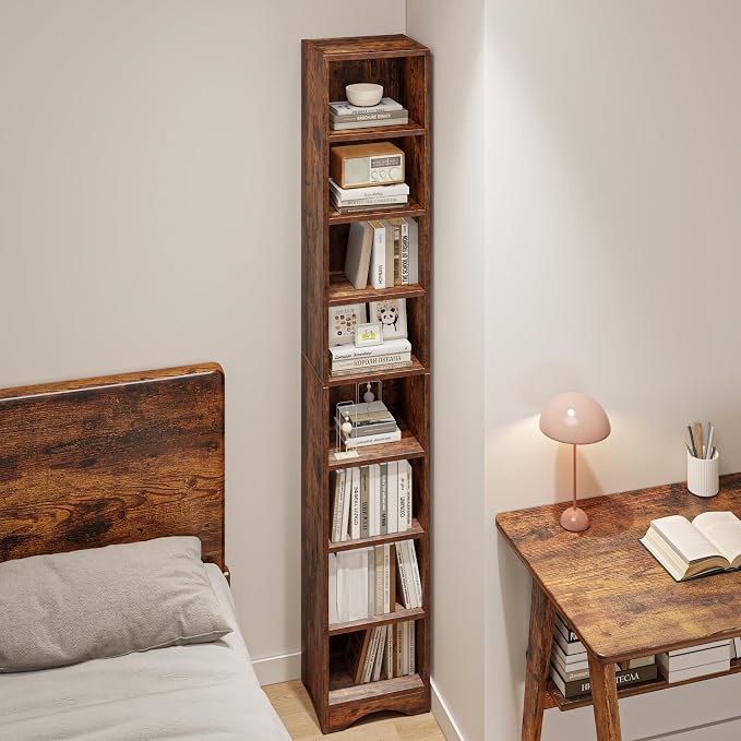 VECELO Tall Open Narrow Bookshelf, 6 Adjustable Movable Shelves, Wood Space Saving Corner Storage Rack for Small Spaces, Retro Brown
