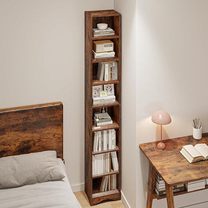 VECELO Tall Open Narrow Bookshelf, 6 Adjustable Movable Shelves, Wood Space Saving Corner Storage Rack for Small Spaces, Retro Brown