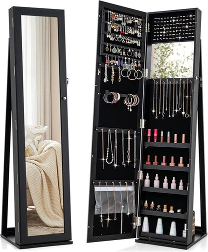 COSTWAY Standing Jewelry Cabinet, Large Capacity Jewelry Organizer w/Full-Length Mirror & Rear Storage Shelves, Lockable Mirror Jewelry Armoire with Keys for Girls Women (Black)
