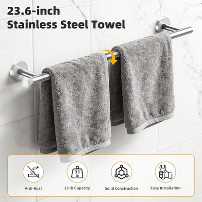 Brushed Nickel 5-Piece Bathroom Hardware Set, 23.6 Inch Towel Bar Set SUS304 Stainless Steel Towel Racks Round Towel Bar, Towel Ring, Toilet Paper Holder, 2 Robe Hooks, Wall Mounted