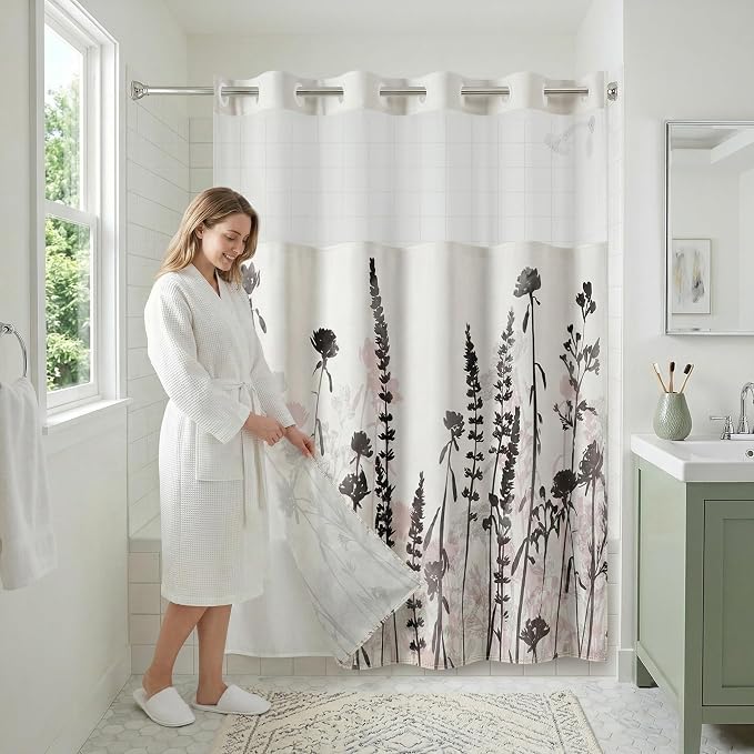Americanflat 72x75 Hookless Shower Curtain - Water-Resistant Floral Shower Curtain with Sheer Panel, Snap-in Liner, and Grommets - 100% Polyester - Botanical Bathroom Curtains - Black, Pink and White