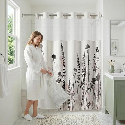 Americanflat 72x75 Hookless Shower Curtain - Water-Resistant Floral Shower Curtain with Sheer Panel, Snap-in Liner, and Grommets - 100% Polyester - Botanical Bathroom Curtains - Black, Pink and White
