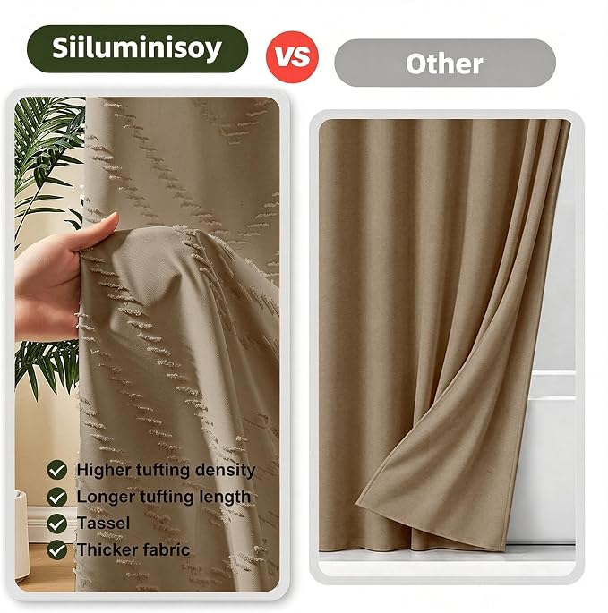 Siiluminisoy Boho Farmhouse Shower Curtain Woven Fabric Khaki Shower Curtain, 72 x 72 Tufted Chevron Textured Striped Modern Farmhouse Minimalist Shower Curtain for Bathroom