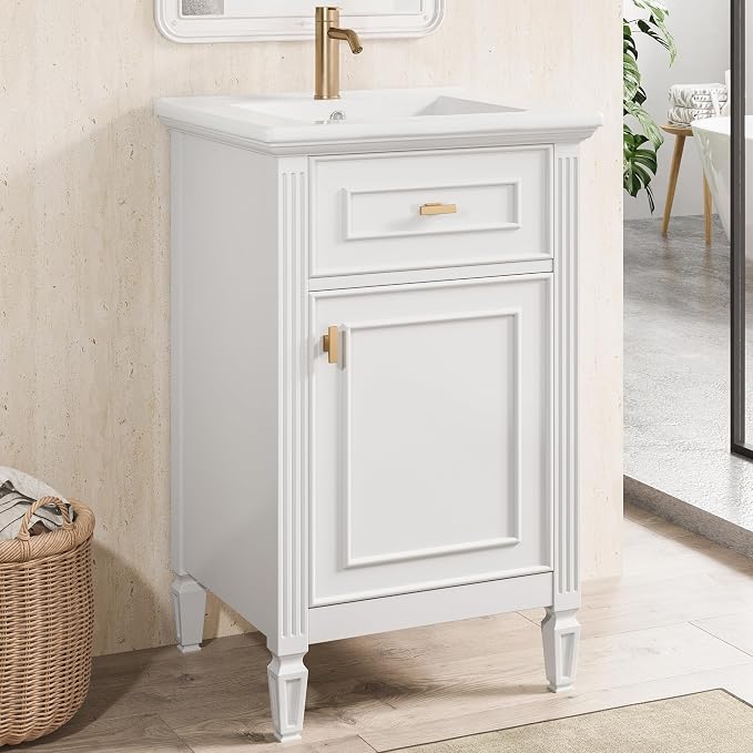 20 Inch Small Bathroom Vanity with Sink, Vanity Cabinet with Tip-Out Drawer and Door Rack Organizer, Adjustable Shelf, White