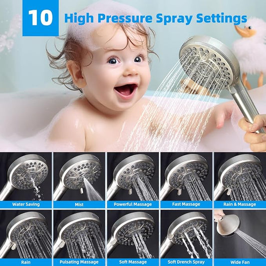 Hibbent All Metal 12'' Filtered Rainfall Shower Head Combo, High Pressure Handheld Shower Head with 12'' Adjustable Curved Extension Arm, 20 Stage Shower Filter, 10-spray, 71'' Hose, Brushed Nickel