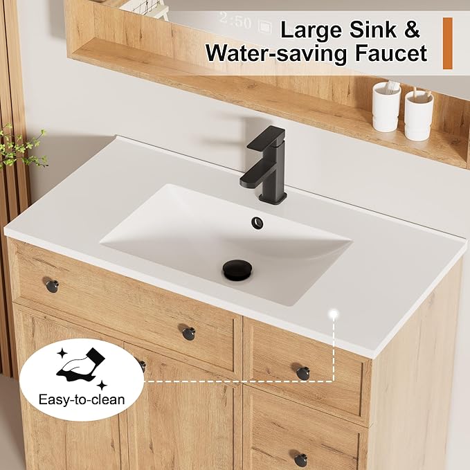LUCKWIND 36" Bathroom Vanity Sink Combo, Modern Bathroom Cabinet with Undermount Solid Surface Vanity Sink, Soft-Close Hinges & Water-Saving Faucet, Natural