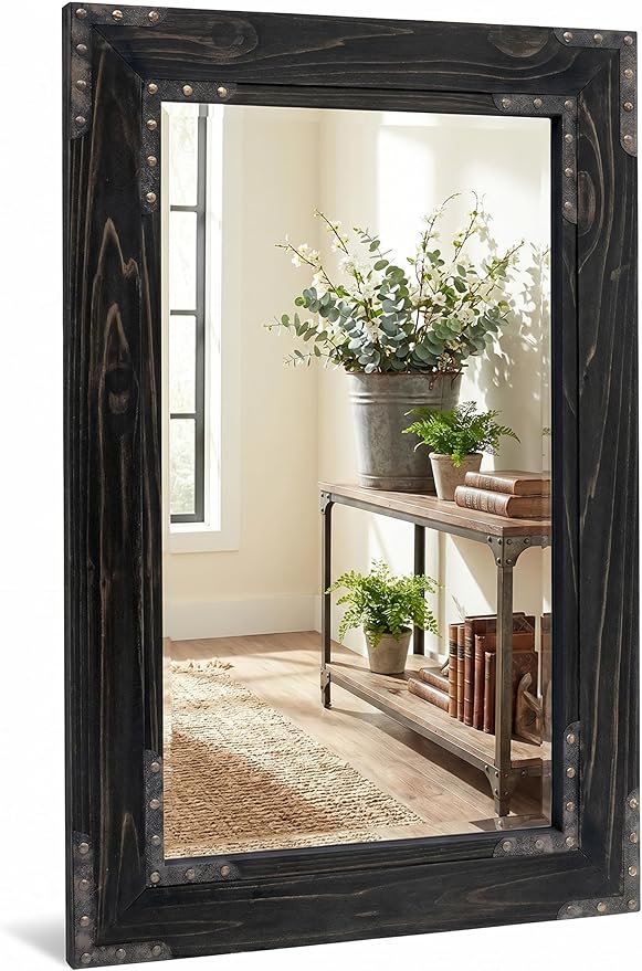 Rustic Black 24x36 Inch Wood Bathroom Vanity Mirror, Rivets | Industrial farmhouse, beveled glass edge, deep charcoal grain, single-sink bathrooms, hallways and entry consoles