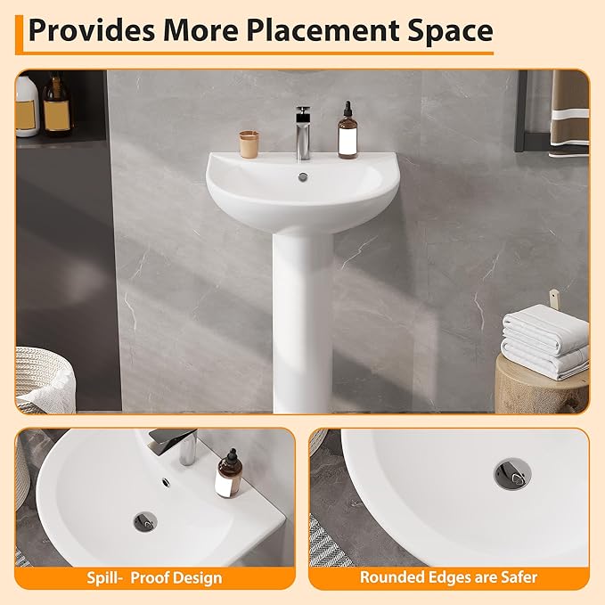 20" Bathroom Pedestal Sink - White Ceramic Vanity Sink with Overflow, Single Hole Faucet Pre-Drilled, Freestanding Restroom Sink Combo for Small Spaces