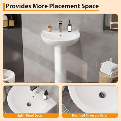 20" Bathroom Pedestal Sink - White Ceramic Vanity Sink with Overflow, Single Hole Faucet Pre-Drilled, Freestanding Restroom Sink Combo for Small Spaces