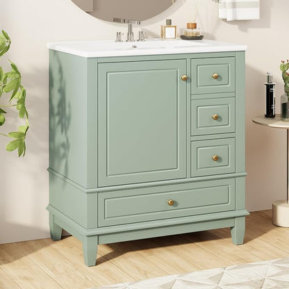 30" Vanity with Sink, Bathroom Vanities 30 Inch with Sink, Single Sink Bathroom Vanity with Door Shelf and Three Drawers, Restroom Vanity with Sink Top (Light Green)