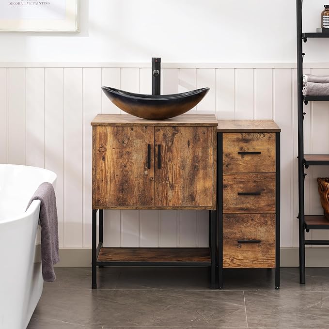 UEV 36" Rustic Brown Bathroom Vanity with Sink Combo,Industrial Iron Frame Bathroom Cabinet Sets with 3 Drawers Side Cabinet,Modern Champagne Boat Tempered Glass Vessel Sink(029CH)