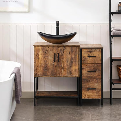 UEV 36" Rustic Brown Bathroom Vanity with Sink Combo,Industrial Iron Frame Bathroom Cabinet Sets with 3 Drawers Side Cabinet,Modern Champagne Boat Tempered Glass Vessel Sink(029CH)
