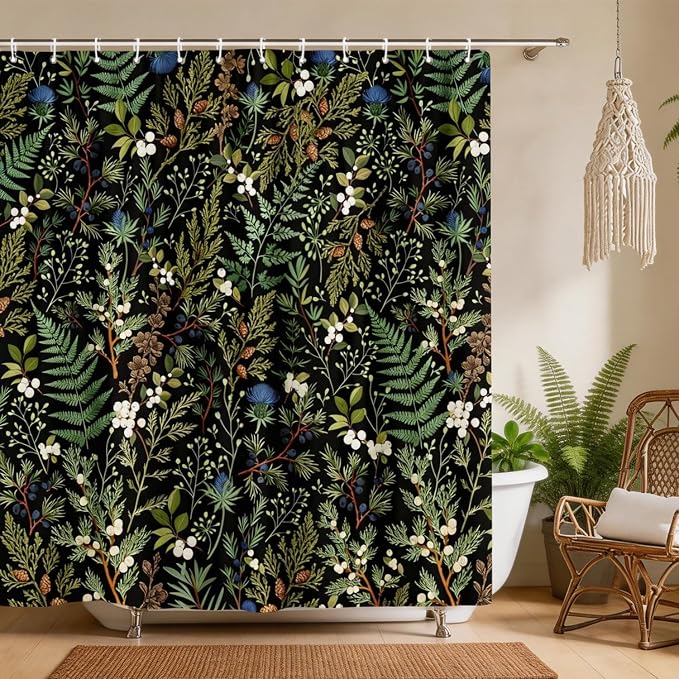 Vintage Botanical Shower Curtain, Elegant Boho Gothic Dark Green Ferns Floral Leaves Shower Curtain for Bathroom, Retro Whimsical Cottage Core Wildflower Farmhouse Curtain Bathroom Accessories 72X72