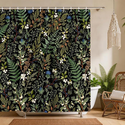 Vintage Botanical Shower Curtain, Elegant Boho Gothic Dark Green Ferns Floral Leaves Shower Curtain for Bathroom, Retro Whimsical Cottage Core Wildflower Farmhouse Curtain Bathroom Accessories 72X72