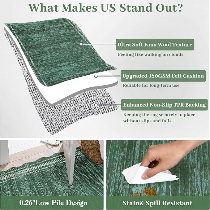 GarveeHome Washable Scalloped Rug 9x12 Area Rugs, Modern Neutral Living Room Rugs, Large Washable Solid Rug Farmhouse Bordered Carpet for Bedroom Apartment Table Dorm Nursery, Green