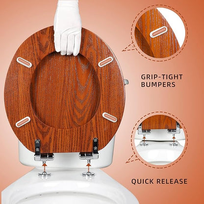 Round Toilet Seat Molded Wood Toilet Seat with Quietly Close and Quick Release Hinges, Easy to Install also Easy to Clean by Angol Shiold (Round, Brownish Red)