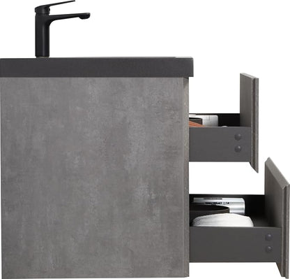 30" Floating Bathroom Vanity with Sink, Modern Wall-Mounted Bathroom Storage Vanity Cabinet with Two Black Quartz Sand Top Basins and Four Soft Close Drawers, Cement Grey