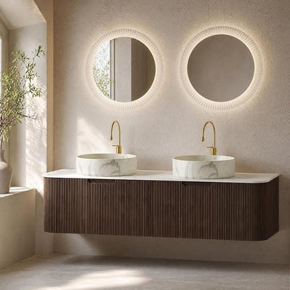 60 Inch Double Sink Bathroom Vanity, Floating Wall Mounted Cabinet, Dark Walnut Curved Fluted Front, Stone Top, Dual Marble-Look Round Vessel Basins, Pre-Assembled