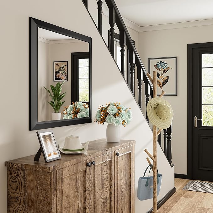 20x28 Inch Black Bathroom Mirror for Wall, Thick Metal Framed Rectangle Mirrors for Over Sink, Bedroom, Living Room, Entryway, Anti-Rust, HD Tempered Glass