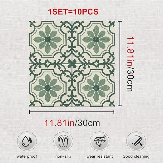 Green Vintage Floral Peel and Stick Floor Tiles 12x12 Inch 10PCS | Green and cream vintage floral scroll pattern vinyl floor stickers for kitchen bathroom entryway and indoor home decor