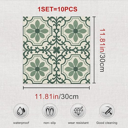 Green Vintage Floral Peel and Stick Floor Tiles 12x12 Inch 10PCS | Green and cream vintage floral scroll pattern vinyl floor stickers for kitchen bathroom entryway and indoor home decor