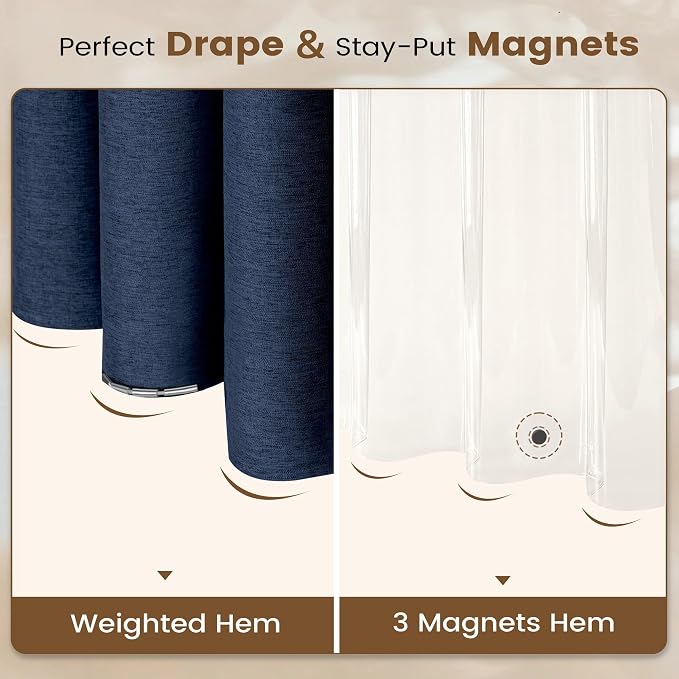 BTTN 72x78 Long 3 in 1 Linen Texture Shower Curtain with Liner, Navy Blue | Tall Size, 230GSM Heavy Duty Polyester, Waterproof Clear Liner, Weighted Hem, 12 Plastic Hooks, Hotel Style, Machine Washable