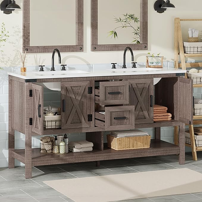 AMERLIFE 60” Farmhouse Bathroom Vanity with Double Sink, Freestanding Cabinet with 2 Drawers, 4 Barn Doors & Open Shelf, Rustic Storage for Master or Family Bathroom, Light Gray