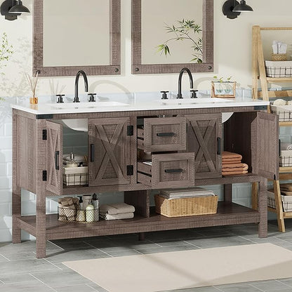 AMERLIFE 60” Farmhouse Bathroom Vanity with Double Sink, Freestanding Cabinet with 2 Drawers, 4 Barn Doors & Open Shelf, Rustic Storage for Master or Family Bathroom, Light Gray