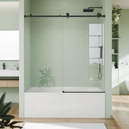 Bathtub Shower Door, 59" Wide x 60" High Sliding Door with 8mm Tempered Glass & Easy-Clean Coating, Matte Black Stainless Steel Top Rail, One Fixed One Sliding Panel