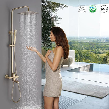 Exposed Shower System 10" Brushed Gold Rainfall Shower Head with 2 Modes Handheld and Tub Faucet Set, Square Shower Head 3 Functions Outdoor Shower Fixtures with Brass Valve, Height Adjustable