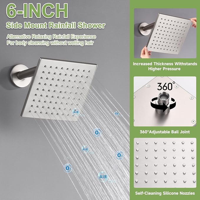 Shower System Brushed Nickel Dual Shower Head with Body Jets, Oupukle Four Modes Shower Faucet Set Wall Mounted 12" & 6" Rain Shower Head with 6PCS Body Jets