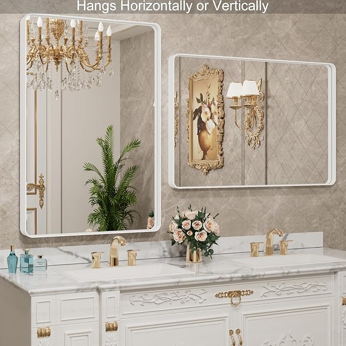 LOAAO 32x36 Inch White Metal Framed Bathroom Mirror | Rounded Rectangle, Anti-Rust, Tempered Glass, Hangs Horizontally or Vertically