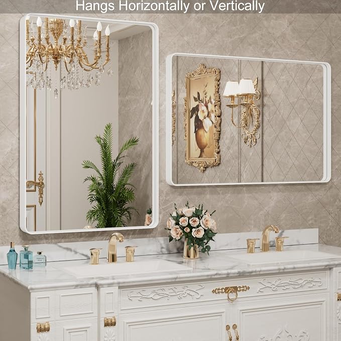 LOAAO White Metal Framed Bathroom Mirror, 30x36 Inch | Rounded Rectangle, Anti-Rust, Tempered Glass, Hangs Horizontally or Vertically