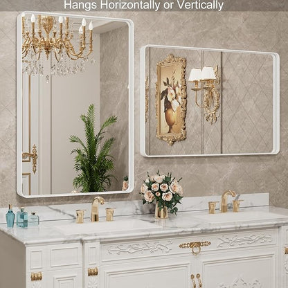LOAAO 48x36 Inch White Metal Framed Bathroom Mirror for Wall, White Bathroom Vanity Mirror Farmhouse, Large Rounded Rectangle Mirror, Anti-Rust, Tempered Glass, Hangs Horizontally or Vertically