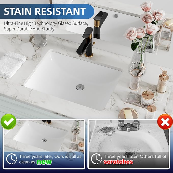 Undermount Bathroom Sink Rectangle, Hugsleek Interior Bowl Size 18 x 13 inch White Porcelain Ceramic Vessel Sink Under Counter Exterior Size 20x15in Rectangular Bath Sink Basin Lavatory Fireclay