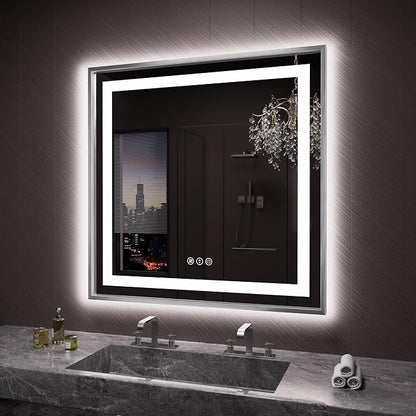 LED Bathroom Mirror 36"X36", Front Light and Backlit(Brushed Silver) | Metal Framed Mirror, Stepless Dimmable, Anti-Fog, HD Reflection, Shatter-Proof, Memory, 3 Colors, Double LED Vanity Mirror.