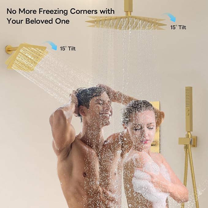 Thermostatic Dual Shower System Brushed Gold,Push Button Diverter Rainfall Shower Faucet Set with 2 in 1 Handheld Spray,12'' Ceiling Mount and 6'' Wall Mount Rainfall Shower System