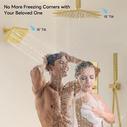 Thermostatic Dual Shower System Brushed Gold,Push Button Diverter Rainfall Shower Faucet Set with 2 in 1 Handheld Spray,12'' Ceiling Mount and 6'' Wall Mount Rainfall Shower System