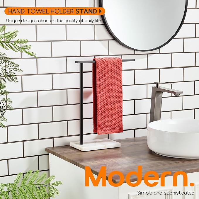 Black Towel Racks Stand 1-Tier Hand Towel Holder for Bathrooms Vanity Countertop with Heavy Marble Base Thicken Steady, Stainless Steel AN7002MB