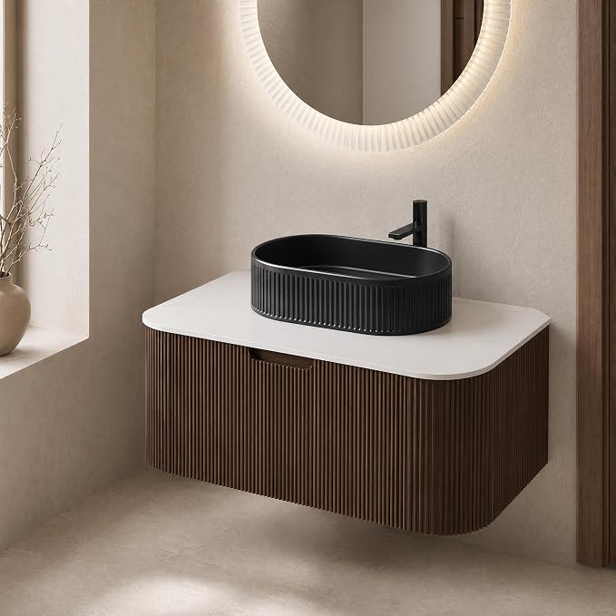 36 Inch Bathroom Vanity with Sink, Floating Wall Mounted Single Sink Vanity, Dark Walnut Curved Fluted Front, Stone Top, Black Textured Oval Vessel Basin, Pre-Assembled