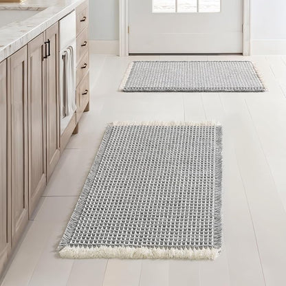 MIULEE Set of 2 Waffle Bathroom Rugs LightGrey&Cream Bath Mat 17x24 Inch | Non Slip, Super Absorbent, Washable, Ultra Soft, Rubber Backed, Small Boho Bath Rugs for Bathroom Floor Tub Shower