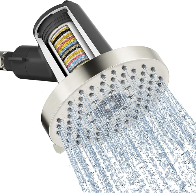 SR SUN RISE Filtered Shower Head with Filters,High Pressure Rain Shower Head,20-Stage Shower Filter,1.8/2.5 GPM Flow Rate,6 Spray Modes for Hard Water Softener (Brushed Nickel,5.5 Inch)