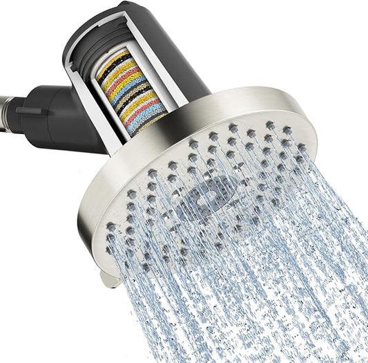 SR SUN RISE Filtered Shower Head with Filters,High Pressure Rain Shower Head,20-Stage Shower Filter,1.8/2.5 GPM Flow Rate,6 Spray Modes for Hard Water Softener (Brushed Nickel,5.5 Inch)