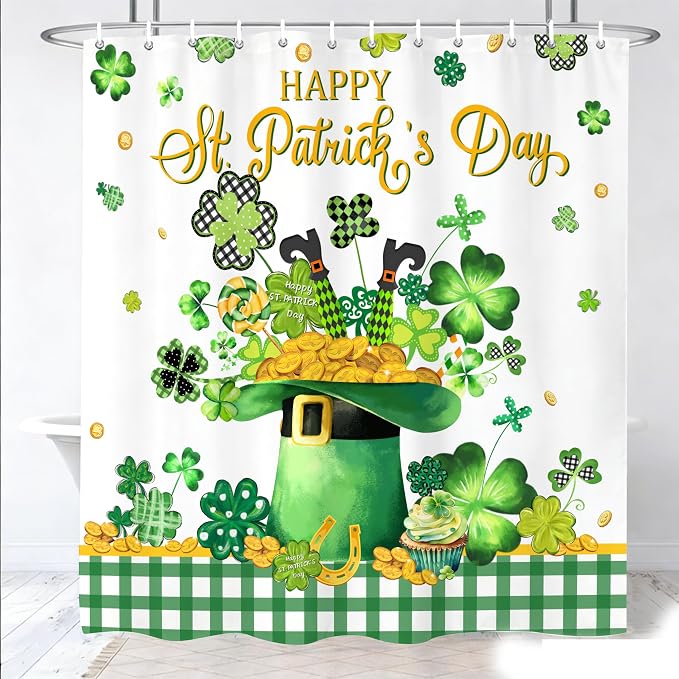 St. Patrick's Day Shower Curtain Shamrock Shower Curtains Waterproof Fabric Bath Curtains with 12 Hooks for St. Patricks Day Home Bathroom Decor, 72 x 72 Inches
