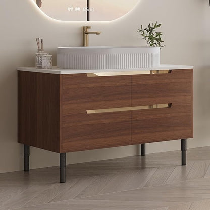 36" Modern Bathroom Vanity with Above Oval Sink, 2-in-1 Wall Mounted & Free-Standing Bathroom Vanity Cabinet with Sintered Stone Top & 4 Drawers, Walnut Wood Single Sink Bathroom Vanities